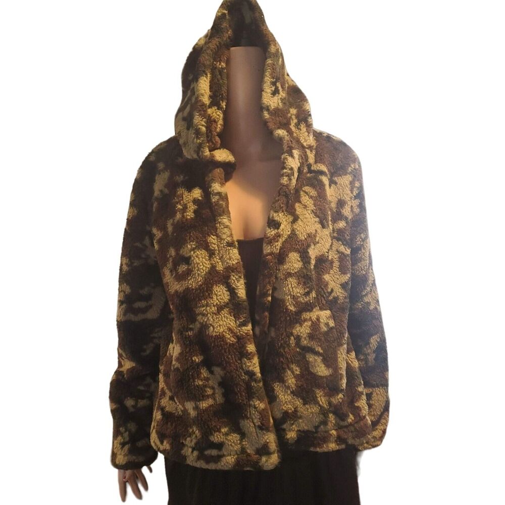 Love Tree Sz L Camo Print Open Front Fleece Hooded Jacket with Pockets